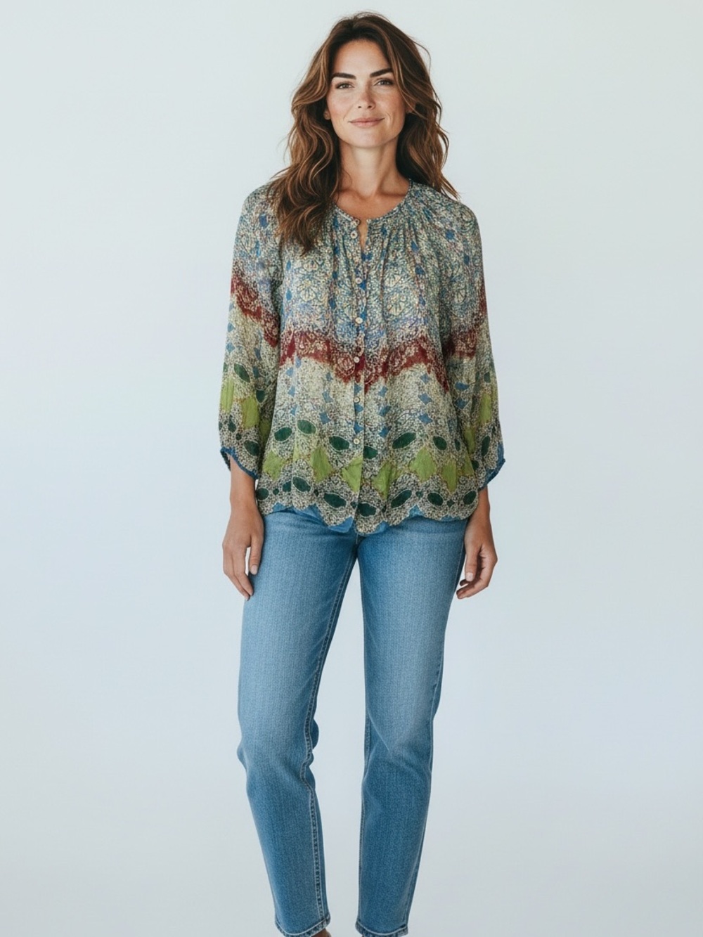 Sundance 100% Silk Sheer Boho Print Blouse size Medium